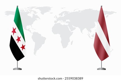 Syrian Revolution and Latvia flags for official meeting against background of world map.