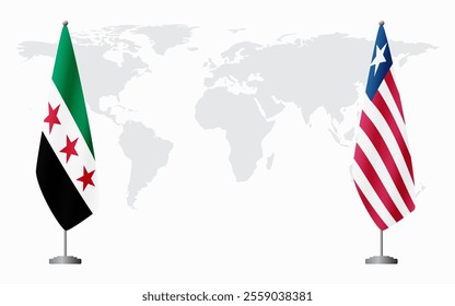 Syrian Revolution and Liberia flags for official meeting against background of world map.