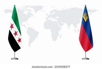 Syrian Revolution and Liechtenstein flags for official meeting against background of world map.