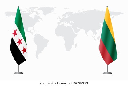 Syrian Revolution and Lithuania flags for official meeting against background of world map.