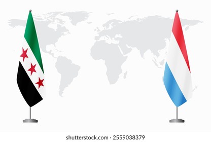 Syrian Revolution and Luxembourg flags for official meeting against background of world map.