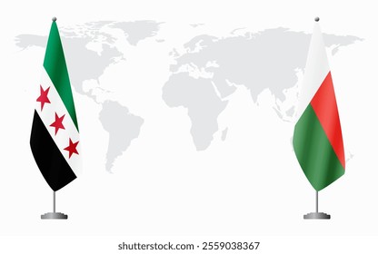 Syrian Revolution and Madagascar flags for official meeting against background of world map.