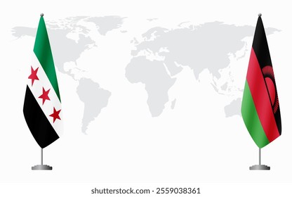 Syrian Revolution and Malawi flags for official meeting against background of world map.