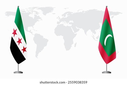 Syrian Revolution and Maldives flags for official meeting against background of world map.