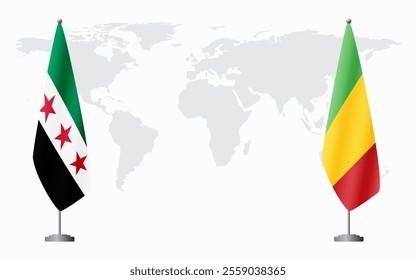 Syrian Revolution and Mali flags for official meeting against background of world map.
