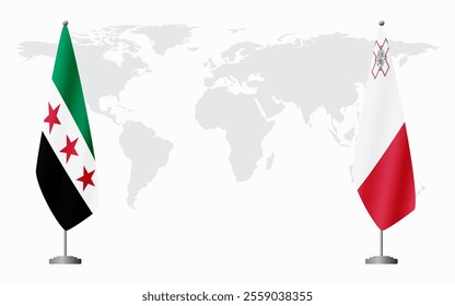 Syrian Revolution and Malta flags for official meeting against background of world map.