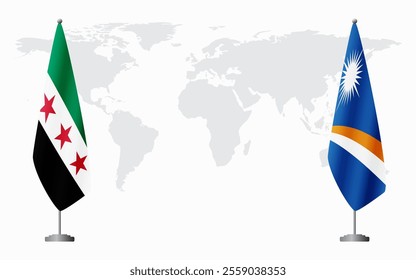 Syrian Revolution and Marshall Islands flags for official meeting against background of world map.