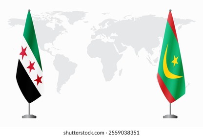 Syrian Revolution and Mauritania flags for official meeting against background of world map.