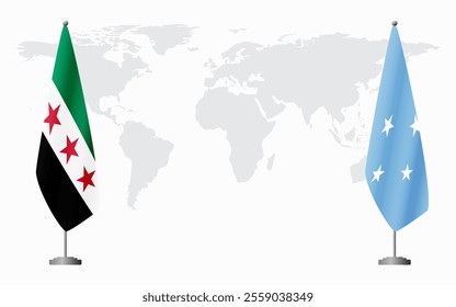 Syrian Revolution and Micronesia flags for official meeting against background of world map.