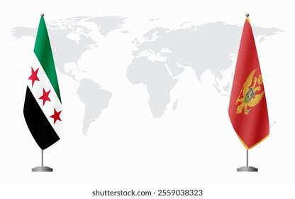 Syrian Revolution and Montenegro flags for official meeting against background of world map.