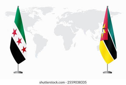 Syrian Revolution and Mozambique flags for official meeting against background of world map.