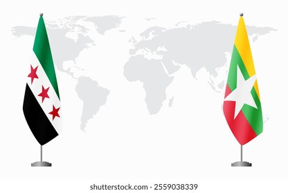 Syrian Revolution and Myanmar flags for official meeting against background of world map.