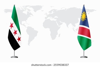 Syrian Revolution and Namibia flags for official meeting against background of world map.