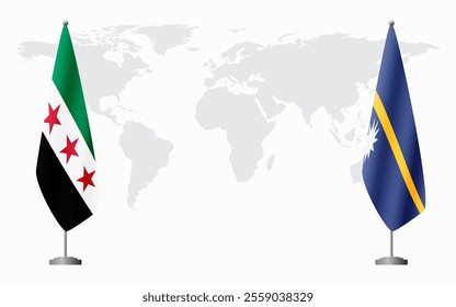 Syrian Revolution and Nauru flags for official meeting against background of world map.