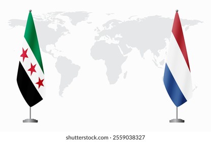 Syrian Revolution and Netherlands flags for official meeting against background of world map.