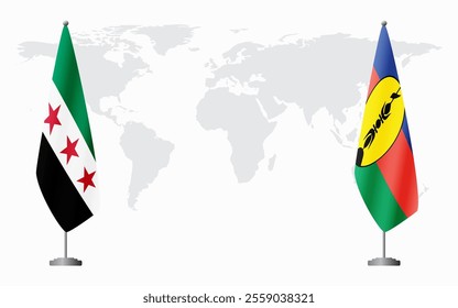 Syrian Revolution and New Caledonia flags for official meeting against background of world map.