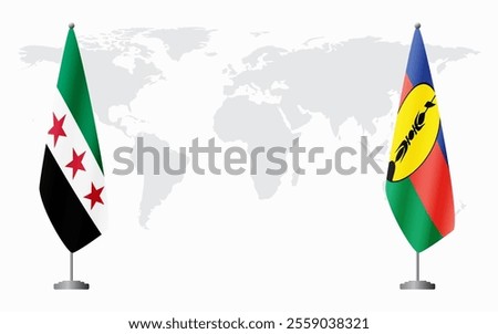 Syrian Revolution and New Caledonia flags for official meeting against background of world map.