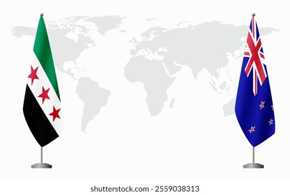 Syrian Revolution and New Zealand flags for official meeting against background of world map.