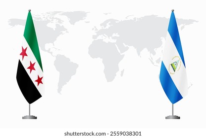 Syrian Revolution and Nicaragua flags for official meeting against background of world map.