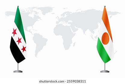 Syrian Revolution and Niger flags for official meeting against background of world map.