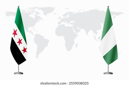 Syrian Revolution and Nigeria flags for official meeting against background of world map.