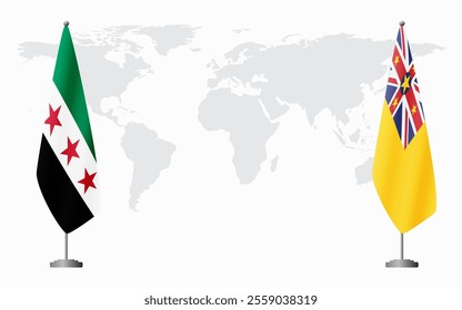 Syrian Revolution and Niue flags for official meeting against background of world map.