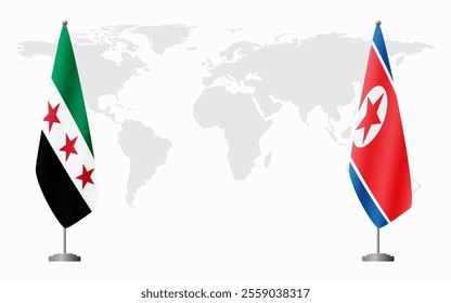 Syrian Revolution and North Korea flags for official meeting against background of world map.