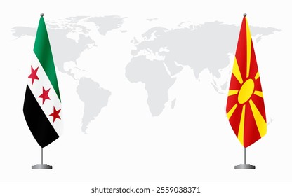 Syrian Revolution and Northern Macedonia flags for official meeting against background of world map.