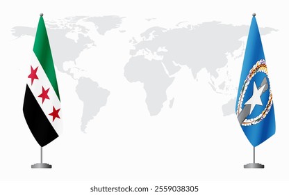 Syrian Revolution and Northern Mariana Islands flags for official meeting against background of world map.