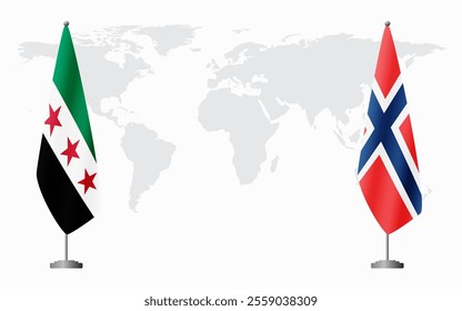 Syrian Revolution and Norway flags for official meeting against background of world map.