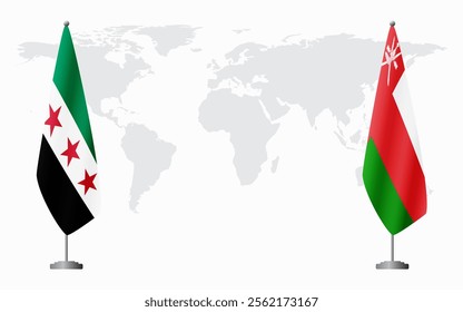 Syrian Revolution and Oman flags for official meeting against background of world map.