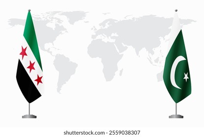 Syrian Revolution and Pakistan flags for official meeting against background of world map.