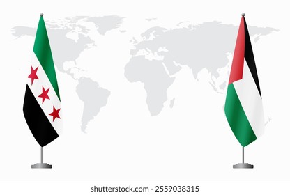 Syrian Revolution and Palestine flags for official meeting against background of world map.