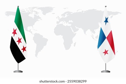 Syrian Revolution and Panama flags for official meeting against background of world map.
