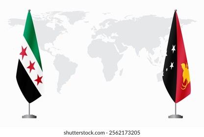 Syrian Revolution and Papua New Guinea flags for official meeting against background of world map.