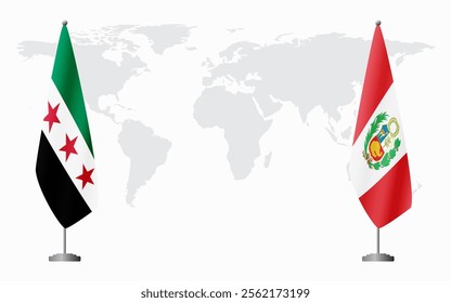 Syrian Revolution and Peru flags for official meeting against background of world map.