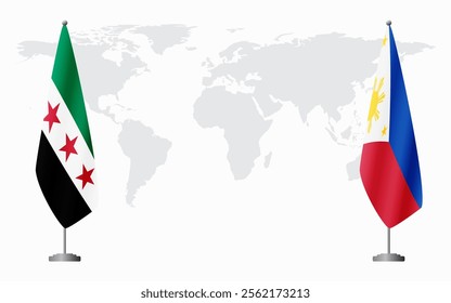 Syrian Revolution and Philippines flags for official meeting against background of world map.