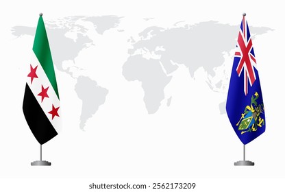 Syrian Revolution and Pitcairn Islands flags for official meeting against background of world map.