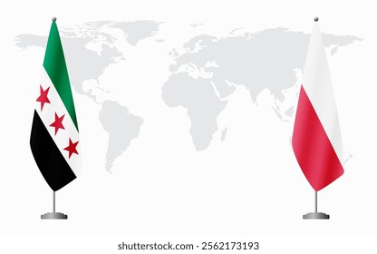 Syrian Revolution and Poland flags for official meeting against background of world map.