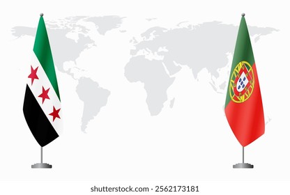 Syrian Revolution and Portugal flags for official meeting against background of world map.