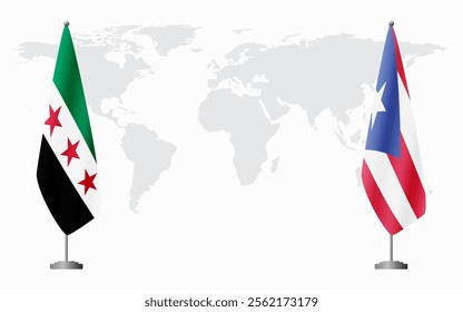 Syrian Revolution and Puerto Rico flags for official meeting against background of world map.