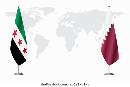 Syrian Revolution and Qatar flags for official meeting against background of world map.