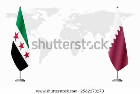 Syrian Revolution and Qatar flags for official meeting against background of world map.