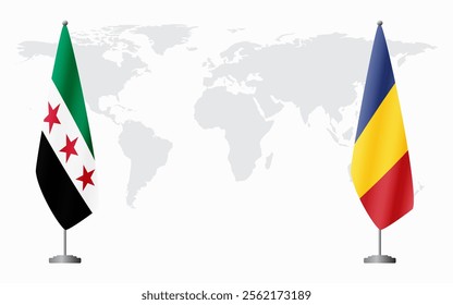 Syrian Revolution and Romania flags for official meeting against background of world map.