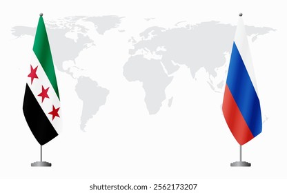 Syrian Revolution and Russia flags for official meeting against background of world map.