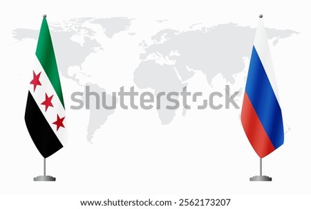 Syrian Revolution and Russia flags for official meeting against background of world map.