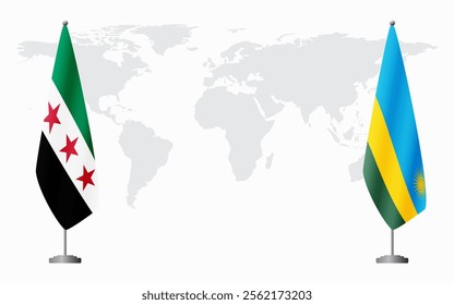 Syrian Revolution and Rwanda flags for official meeting against background of world map.