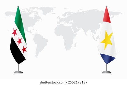 Syrian Revolution and Saba flags for official meeting against background of world map.