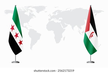 Syrian Revolution and Sahrawi Arab Democratic Republic flags for official meeting against background of world map.