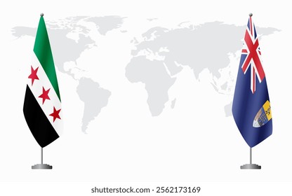 Syrian Revolution and Saint Helena flags for official meeting against background of world map.